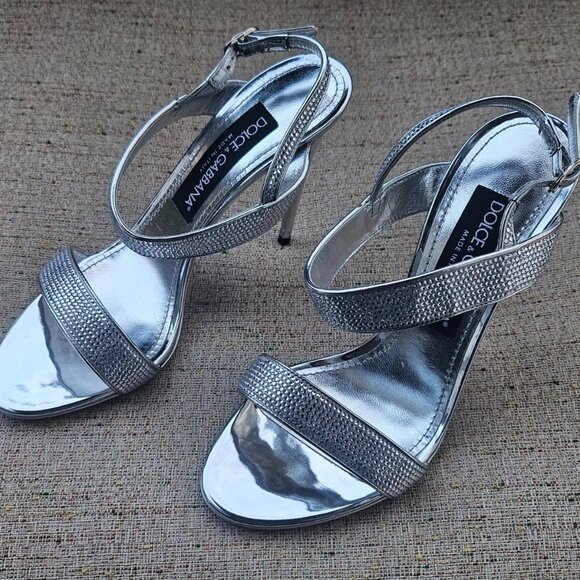 Dolce & Gabbana Shoes - Dolce & Gabbana Women Heel Sandal Silver Tone Shoes Leather Made Italy Size 37